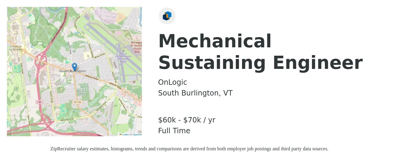 OnLogic job posting for a Mechanical Sustaining Engineer in South Burlington, VT with a salary of $60,000 to $70,000 Yearly with a map of South Burlington location.