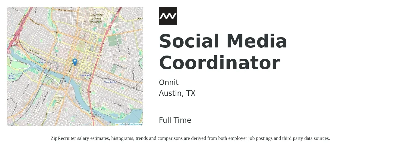 Onnit job posting for a Social Media Coordinator in Austin, TX with a salary of $20 to $28 Hourly with a map of Austin location.