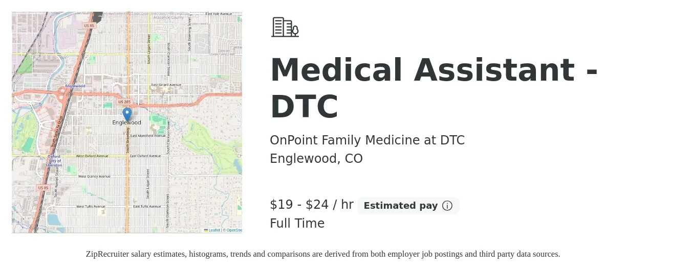 OnPoint Family Medicine at DTC job posting for a Medical Assistant - DTC in Englewood, CO with a salary of $20 to $25 Yearly with a map of Englewood location.