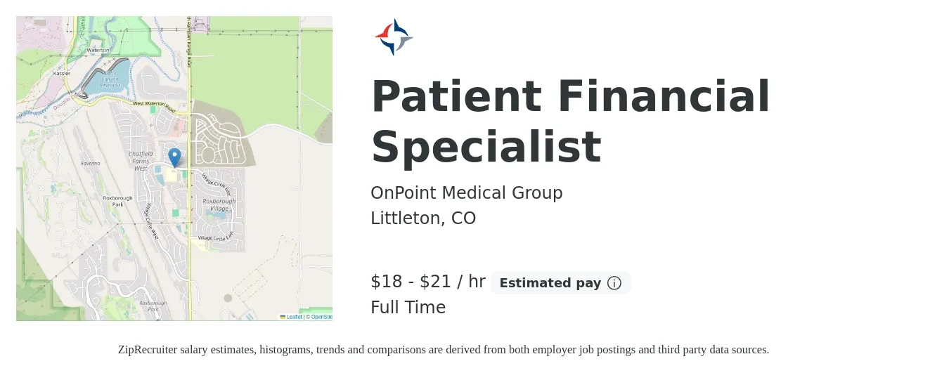 OnPoint Medical Group job posting for a Patient Financial Specialist in Littleton, CO with a salary of $19 to $22 Hourly with a map of Littleton location.