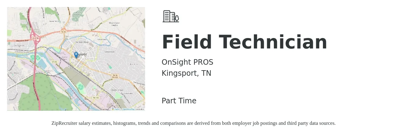OnSight PROS job posting for a Field Technician in Kingsport, TN with a salary of $18 Hourly with a map of Kingsport location.