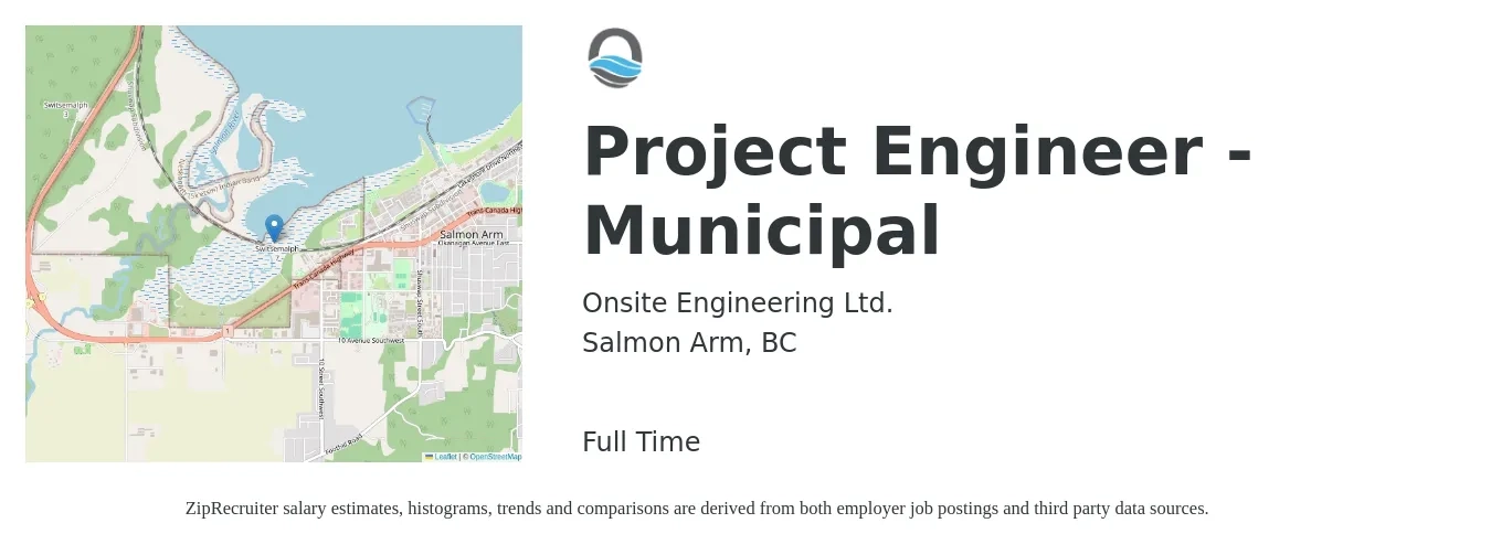 Onsite Engineering Ltd. job posting for a Project Engineer - Municipal in Salmon Arm, BC with a salary of $100,000 to $125,000 Yearly with a map of Salmon Arm location.