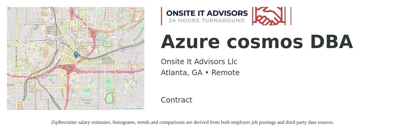 Onsite It Advisors Llc job posting for a Azure cosmos DBA in Atlanta, GA with a salary of $48 to $60 Hourly with a map of Atlanta location.
