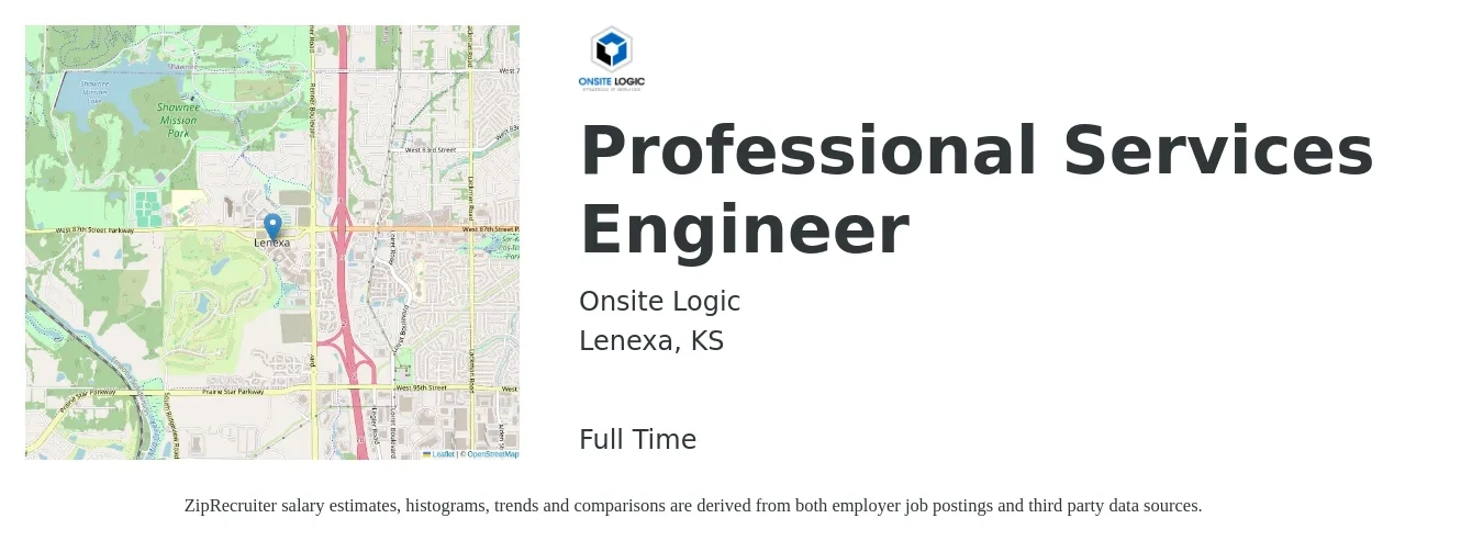 Onsite Logic job posting for a Professional Services Engineer in Lenexa, KS with a salary of $65,000 to $75,000 Yearly with a map of Lenexa location.
