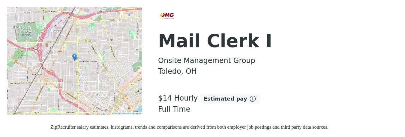 Onsite Management Group job posting for a Mail Clerk I in Toledo, OH with a salary of $15 Hourly with a map of Toledo location.