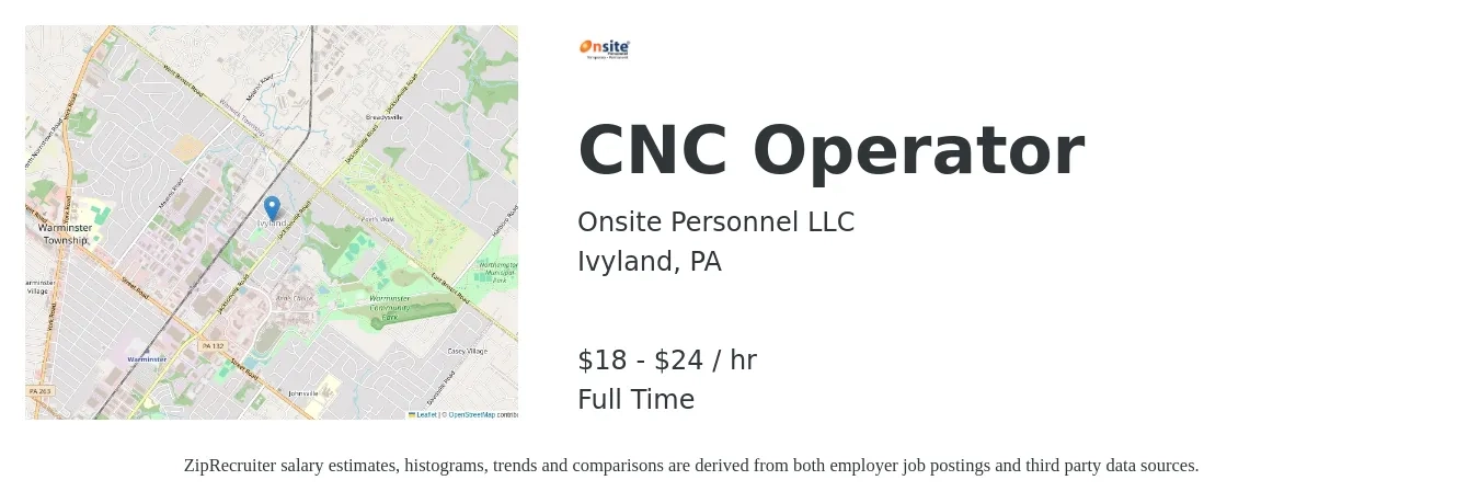 Onsite Personnel LLC job posting for a CNC Operator in Ivyland, PA with a salary of $19 to $25 Hourly with a map of Ivyland location.