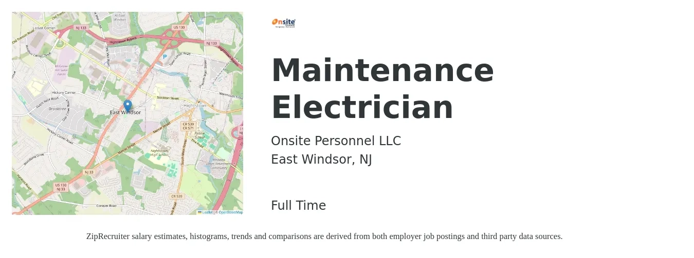 Onsite Personnel LLC job posting for a Maintenance Electrician in East Windsor, NJ with a salary of $28 to $36 Hourly with a map of East Windsor location.