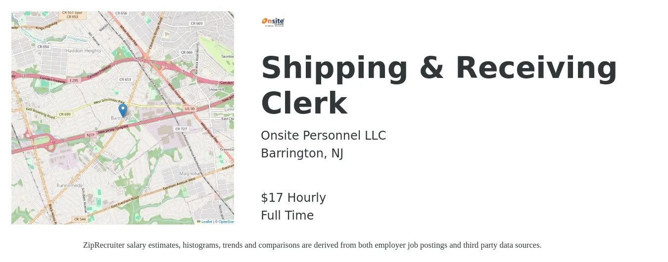 Onsite Personnel LLC job posting for a Shipping & Receiving Clerk in Barrington, NJ with a salary of $18 Hourly with a map of Barrington location.