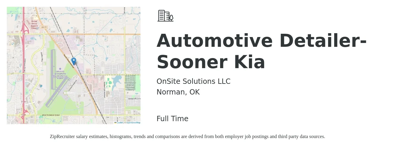 OnSite Solutions LLC job posting for a Automotive Detailer- Sooner Kia in Norman, OK with a salary of $150 to $200 Daily with a map of Norman location.