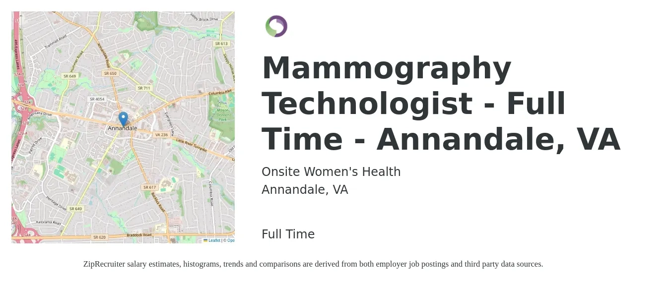 Onsite Women's Health job posting for a Mammography Technologist - Full Time - Annandale, VA in Annandale, VA with a salary of $30 to $56 Hourly with a map of Annandale location.
