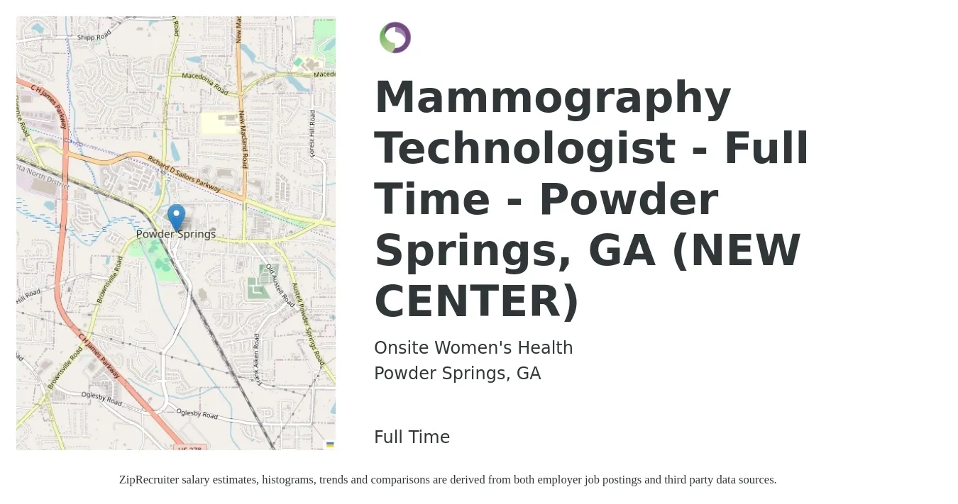 Onsite Women's Health job posting for a Mammography Technologist - Full Time - Powder Springs, GA (NEW CENTER) in Powder Springs, GA with a salary of $28 to $53 Hourly with a map of Powder Springs location.