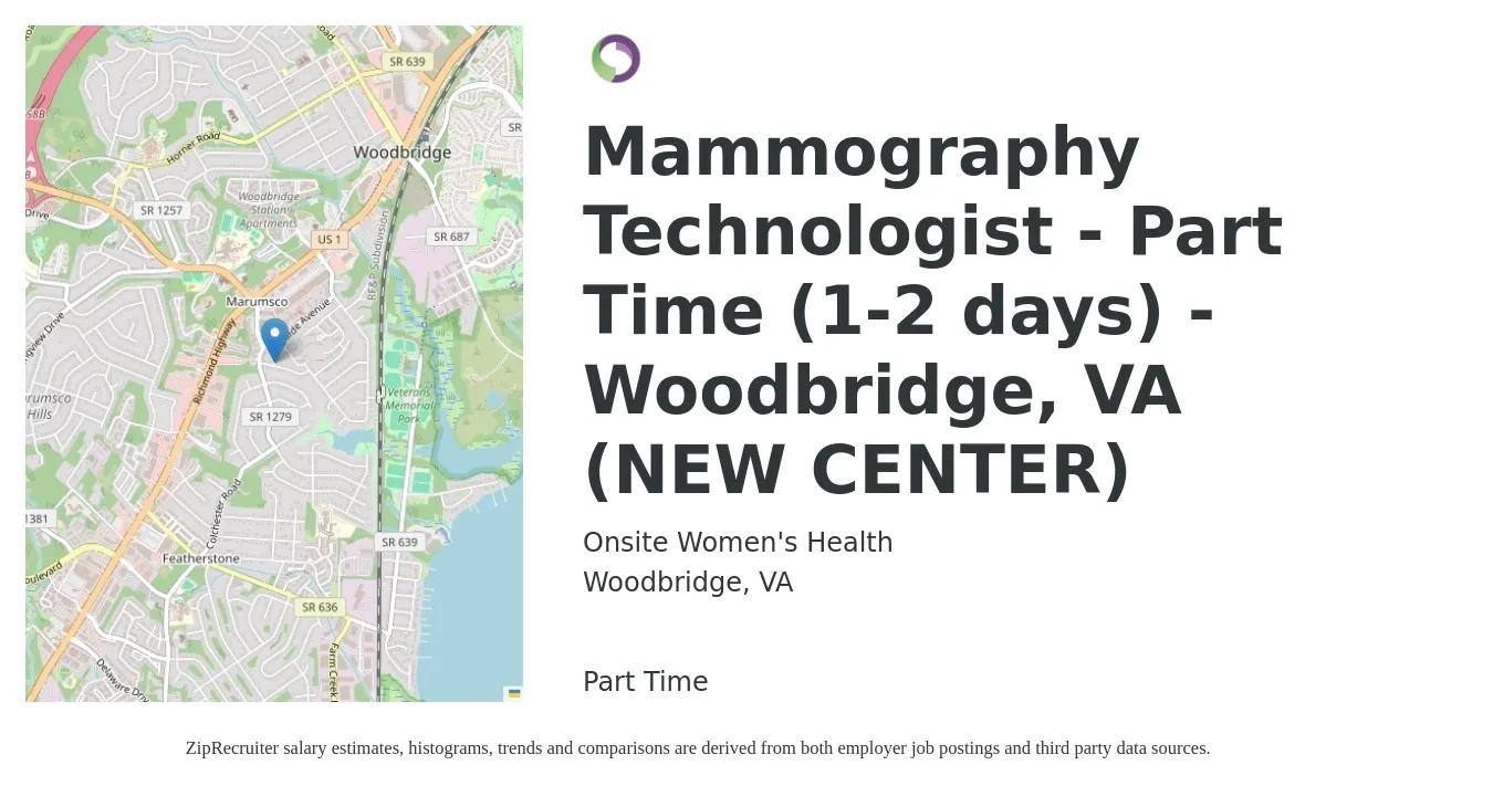 Onsite Women's Health job posting for a Mammography Technologist - Part Time (1-2 days) - Woodbridge, VA (NEW CENTER) in Woodbridge, VA with a salary of $30 to $55 Hourly with a map of Woodbridge location.