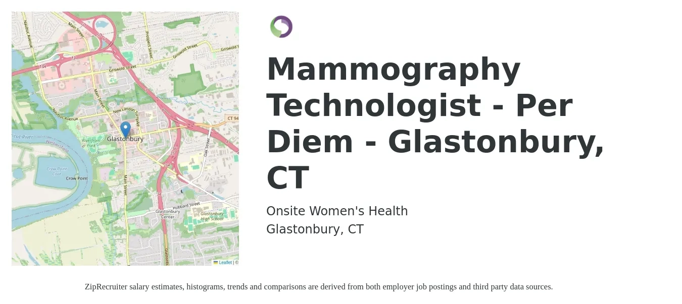 Onsite Women's Health job posting for a Mammography Technologist - Per Diem - Glastonbury, CT in Glastonbury, CT with a salary of $30 to $56 Hourly with a map of Glastonbury location.