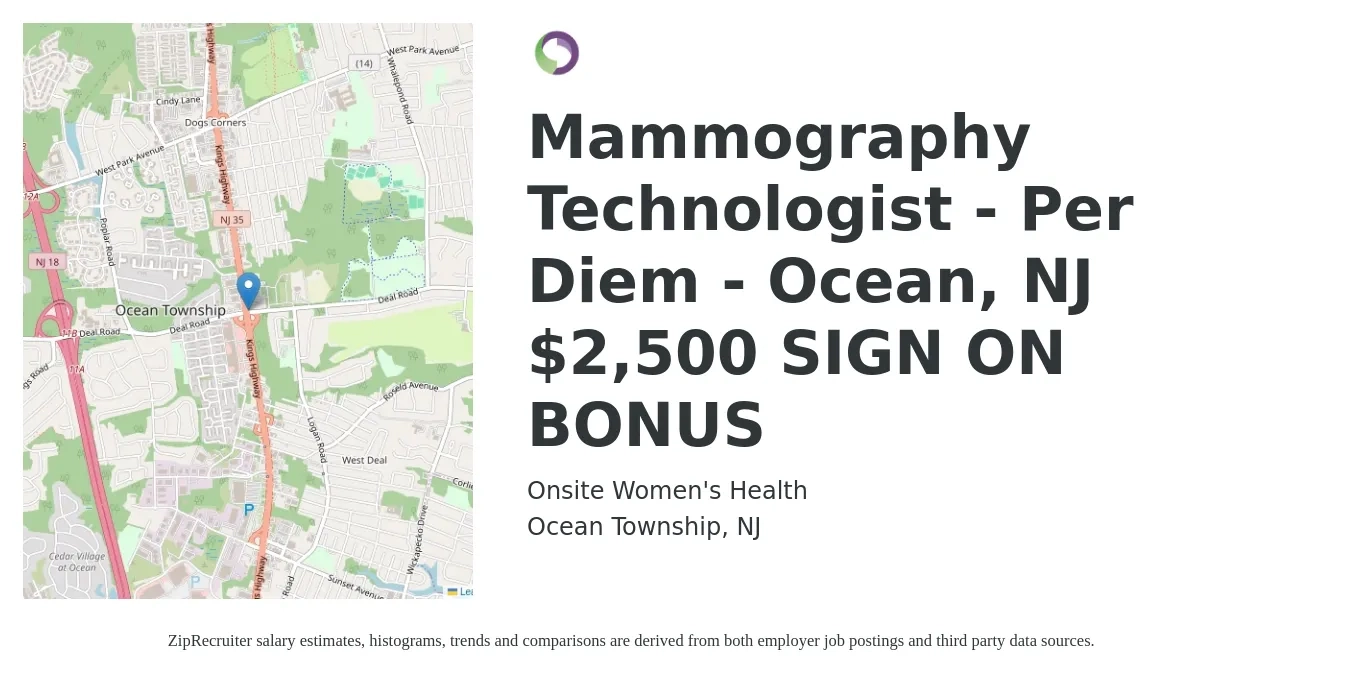 Onsite Women's Health job posting for a Mammography Technologist - Per Diem - Ocean, NJ $2,500 SIGN ON BONUS in Ocean Township, NJ with a salary of $30 to $56 Hourly with a map of Ocean Township location.