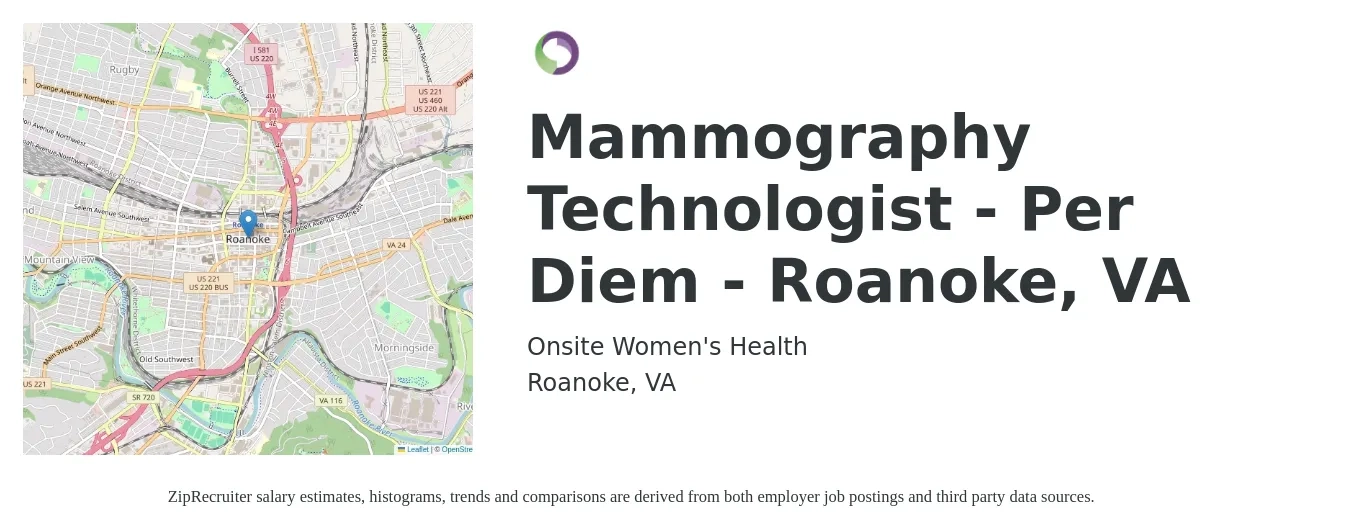 Onsite Women's Health job posting for a Mammography Technologist - Per Diem - Roanoke, VA in Roanoke, VA with a salary of $30 to $55 Hourly with a map of Roanoke location.