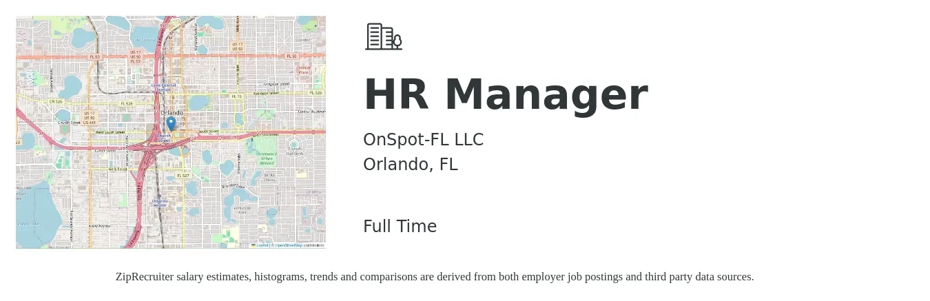 OnSpot-FL LLC job posting for a HR Manager in Orlando, FL with a salary of $64,500 to $93,500 Yearly with a map of Orlando location.