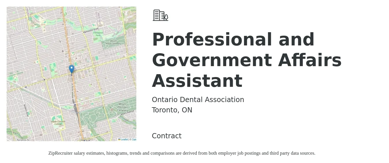 Ontario Dental Association job posting for a Professional and Government Affairs Assistant in Toronto, ON with a map of Toronto location.