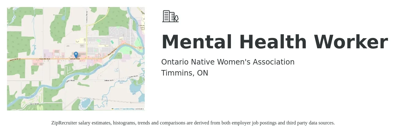 Ontario Native Women's Association job posting for a Mental Health Worker in Timmins, ON with a salary of $49,500 to $60,778 Yearly with a map of Timmins location.