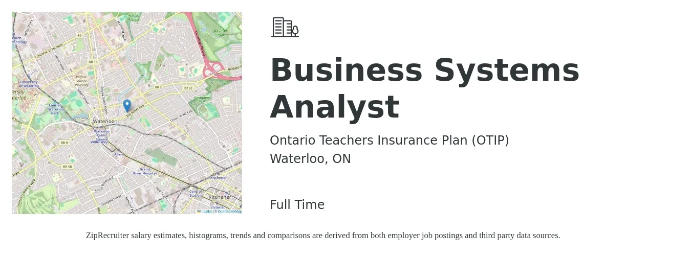 Ontario Teachers Insurance Plan (OTIP) job posting for a Business Systems Analyst in Waterloo, ON with a map of Waterloo location.
