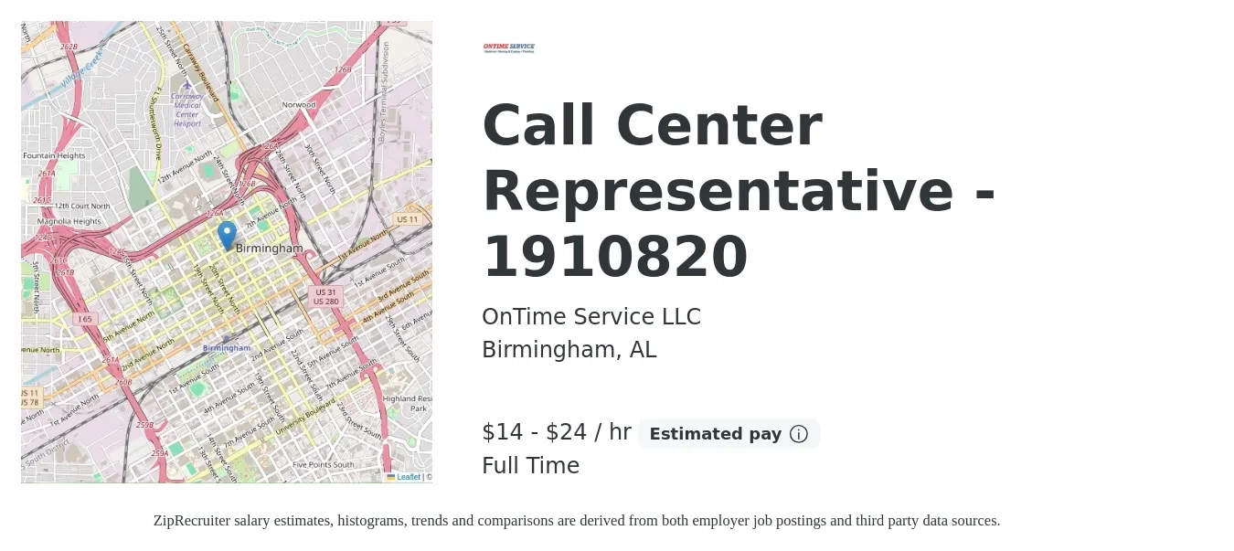 OnTime Service LLC job posting for a Call Center Representative - 1910820 in Birmingham, AL with a salary of $15 to $25 Hourly with a map of Birmingham location.