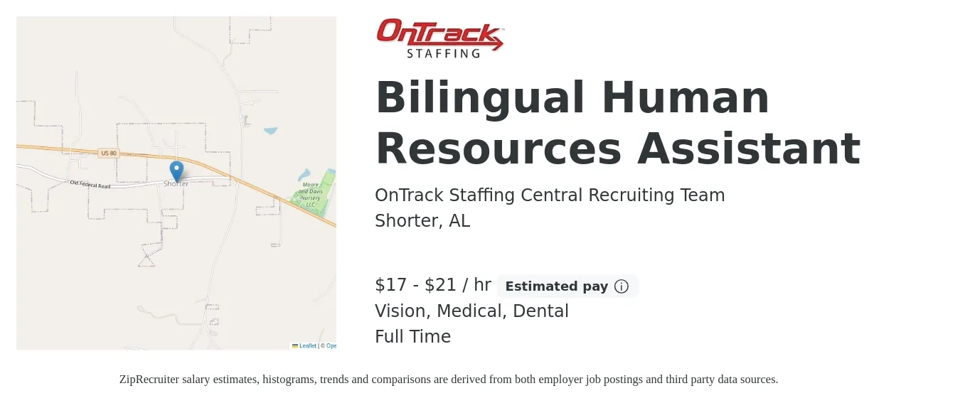OnTrack Staffing Central Recruiting Team job posting for a Bilingual Human Resources Assistant in Shorter, AL with a salary of $18 to $22 Hourly and benefits including medical, vision, dental, and life_insurance with a map of Shorter location.