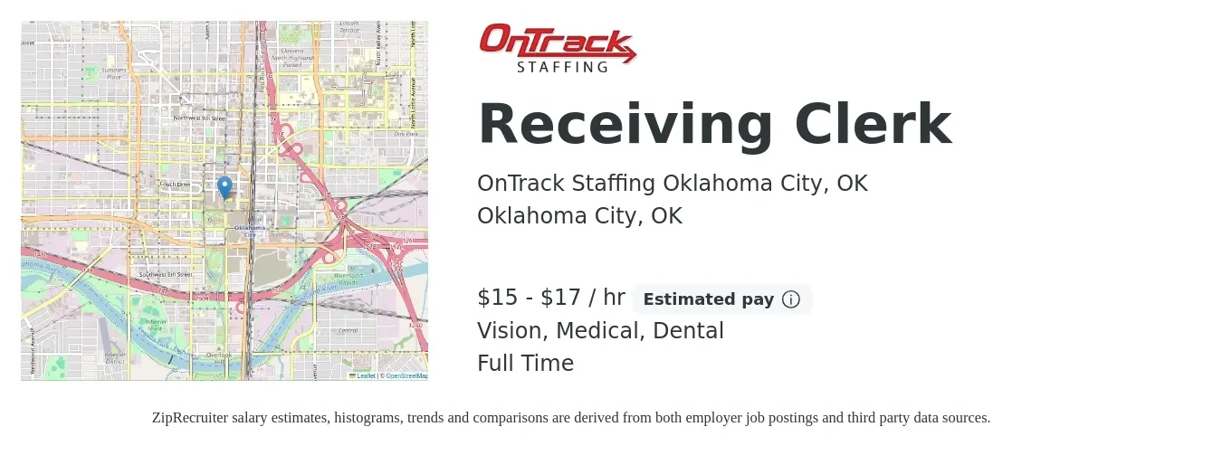 OnTrack Staffing Oklahoma City, OK job posting for a Receiving Clerk in Oklahoma City, OK with a salary of $16 to $18 Hourly and benefits including vision, dental, life_insurance, and medical with a map of Oklahoma City location.