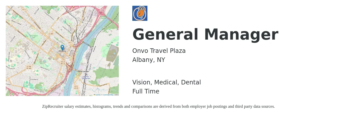 Onvo Travel Plaza job posting for a General Manager in Albany, NY with a salary of $49,100 to $73,500 Yearly and benefits including dental, life_insurance, medical, retirement, and vision with a map of Albany location.