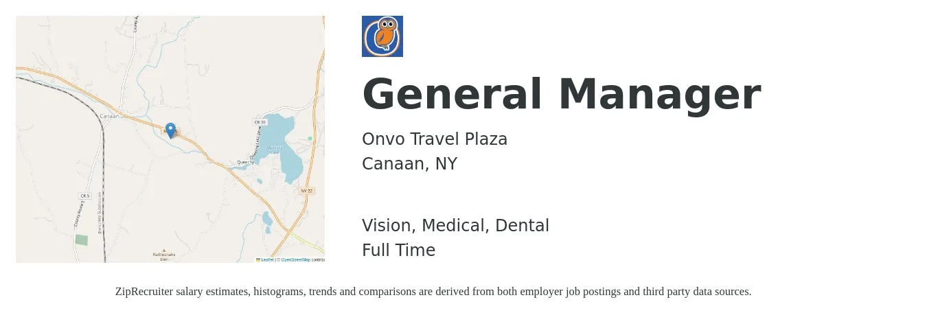 Onvo Travel Plaza job posting for a General Manager in Canaan, NY with a salary of $47,700 to $71,300 Yearly with a map of Canaan location.