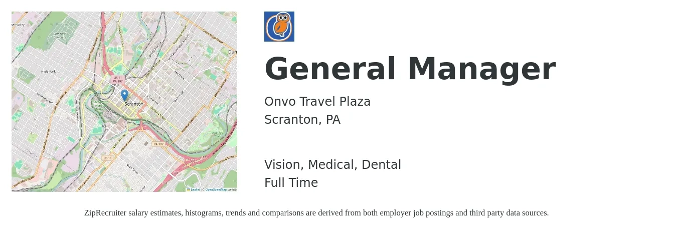 Onvo Travel Plaza job posting for a General Manager in Scranton, PA with a salary of $49,000 to $73,300 Yearly and benefits including life_insurance, medical, retirement, vision, and dental with a map of Scranton location.