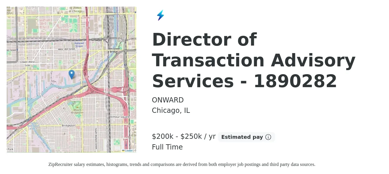 ONWARD job posting for a Director of Transaction Advisory Services - 1890282 in Chicago, IL with a salary of $200,000 to $250,000 Yearly with a map of Chicago location.