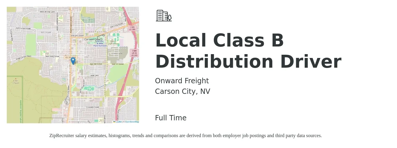 Onward Freight job posting for a Local Class B Distribution Driver in Carson City, NV with a salary of $20 to $26 Hourly with a map of Carson City location.