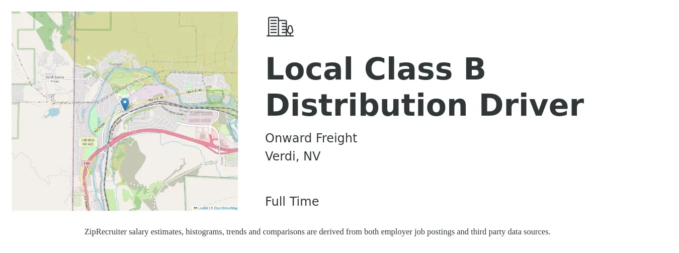 Onward Freight job posting for a Local Class B Distribution Driver in Verdi, NV with a salary of $21 to $26 Hourly with a map of Verdi location.
