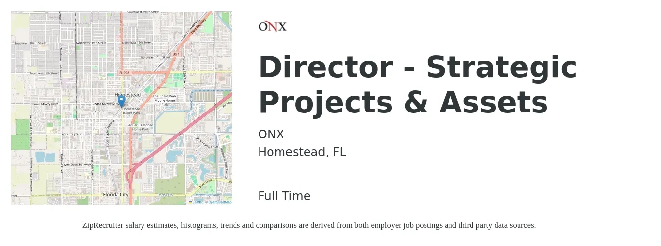 ONX job posting for a Director - Strategic Projects & Assets in Homestead, FL with a salary of $97,800 to $147,900 Yearly with a map of Homestead location.