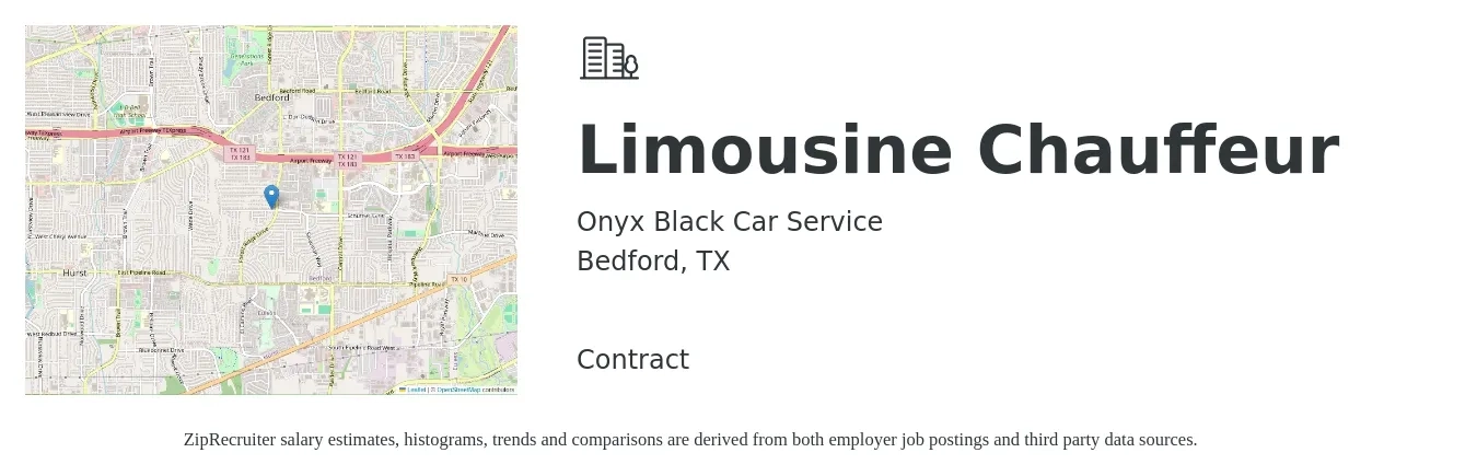 Onyx Black Car Service job posting for a Limousine Chauffeur in Bedford, TX with a salary of $2,000 to $6,000 Monthly with a map of Bedford location.