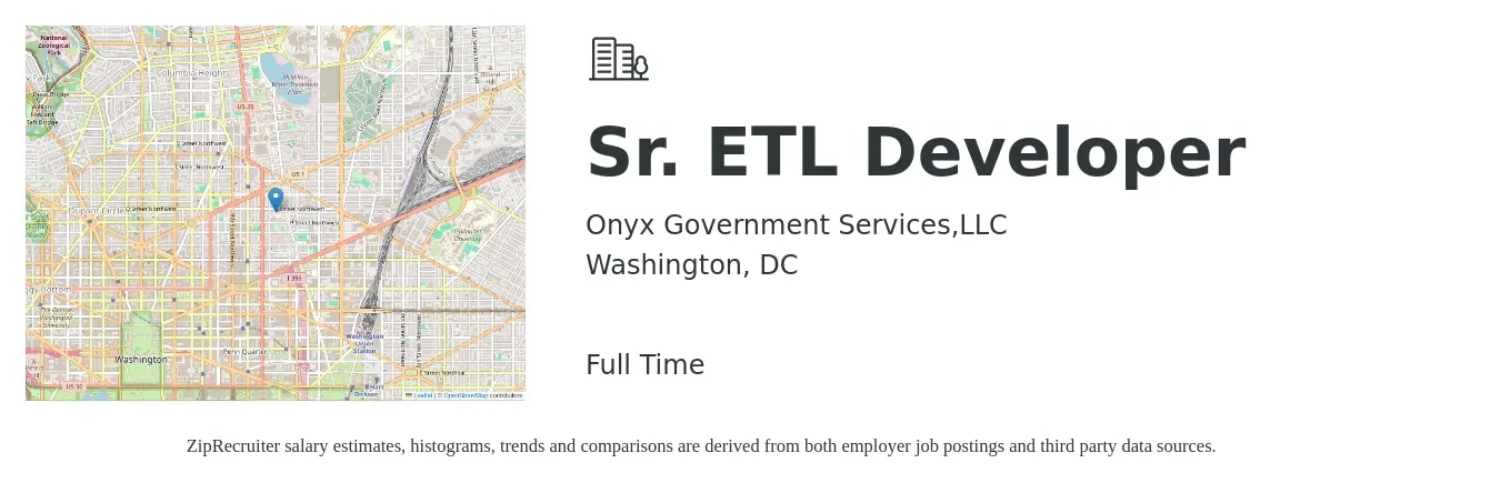 Onyx Government Services,LLC job posting for a Sr. ETL Developer in Washington, DC with a salary of $58 to $75 Hourly with a map of Washington location.
