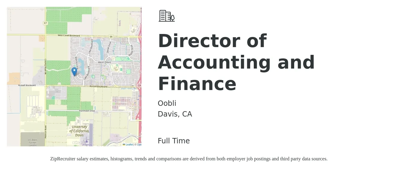 Oobli job posting for a Director of Accounting and Finance in Davis, CA with a salary of $145,000 to $175,000 Yearly with a map of Davis location.