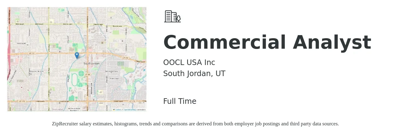 OOCL USA Inc job posting for a Commercial Analyst in South Jordan, UT with a salary of $28 to $50 Hourly with a map of South Jordan location.