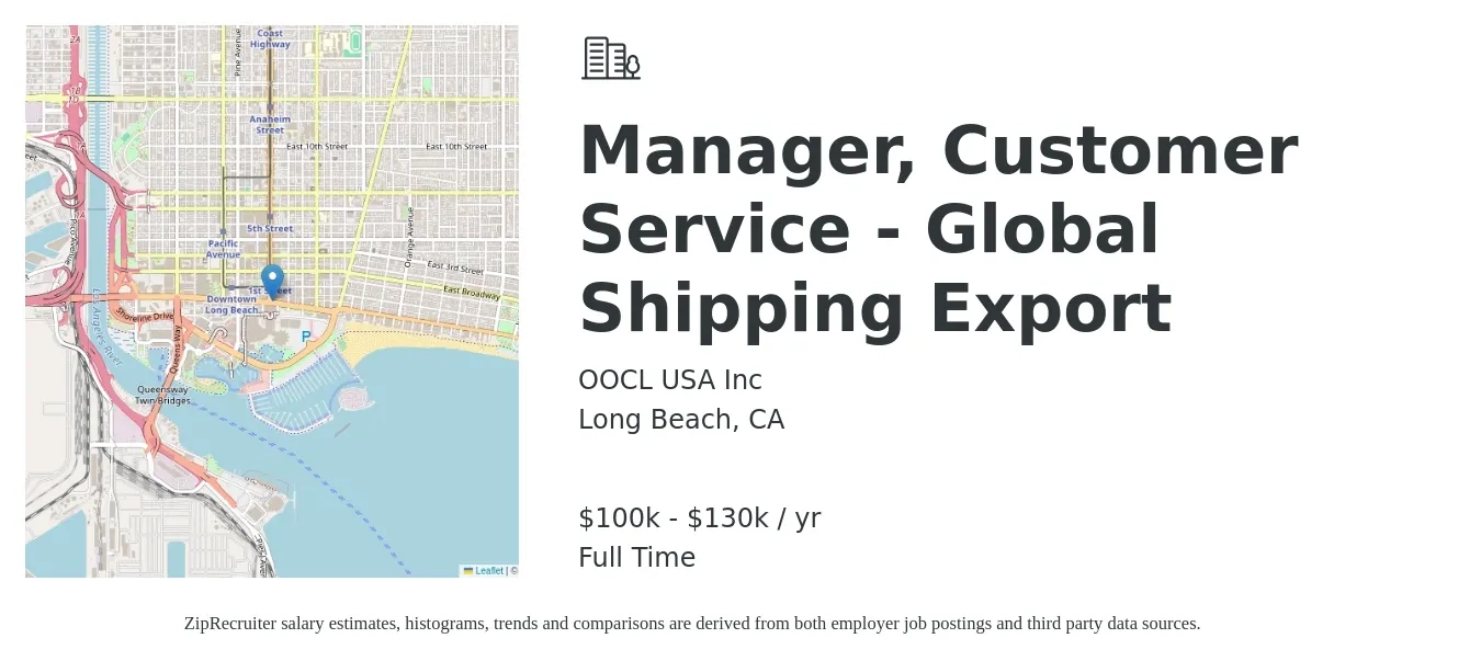 OOCL USA Inc job posting for a Manager, Customer Service - Global Shipping Export in Long Beach, CA with a salary of $100,000 to $130,000 Yearly with a map of Long Beach location.