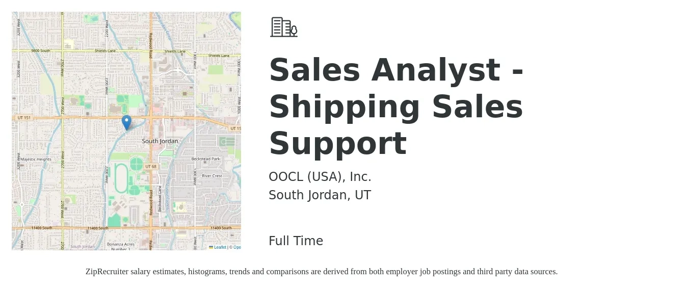 OOCL USA Inc job posting for a Sales Analyst - Shipping Sales Support in South Jordan, UT with a salary of $54,600 to $80,200 Yearly with a map of South Jordan location.