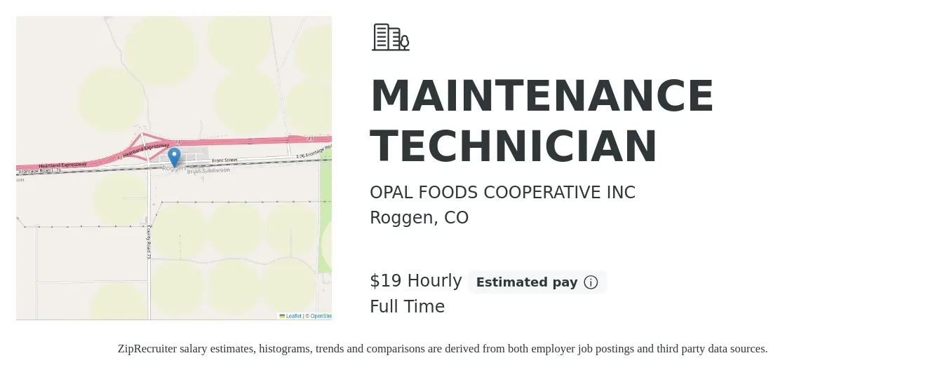 OPAL FOODS COOPERATIVE INC job posting for a MAINTENANCE TECHNICIAN in Roggen, CO with a salary of $20 Hourly with a map of Roggen location.