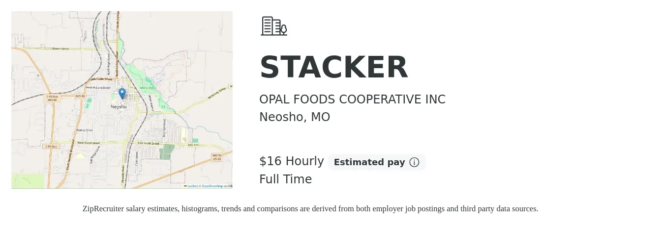 OPAL FOODS COOPERATIVE INC job posting for a STACKER in Neosho, MO with a salary of $18 Hourly with a map of Neosho location.