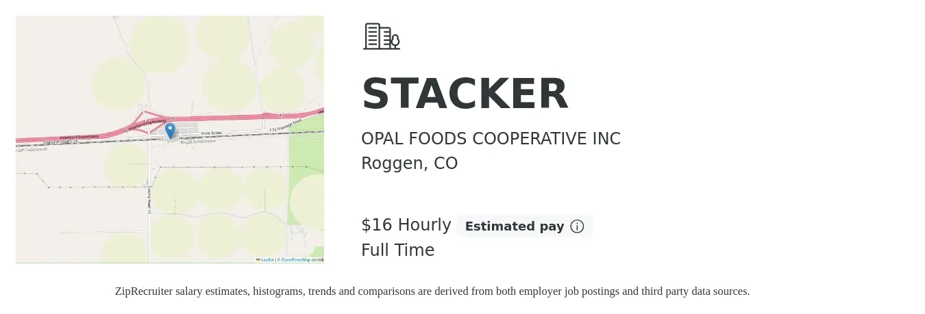 OPAL FOODS COOPERATIVE INC job posting for a STACKER in Roggen, CO with a salary of $21 Yearly with a map of Roggen location.
