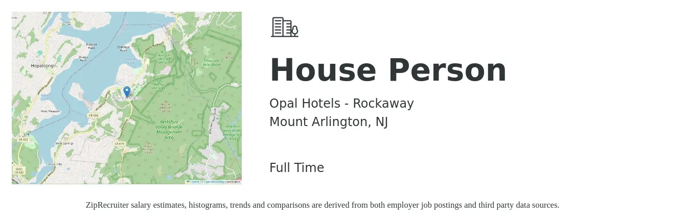 Opal Hotels - Rockaway job posting for a House Person in Mount Arlington, NJ with a salary of $14 to $17 Hourly with a map of Mount Arlington location.