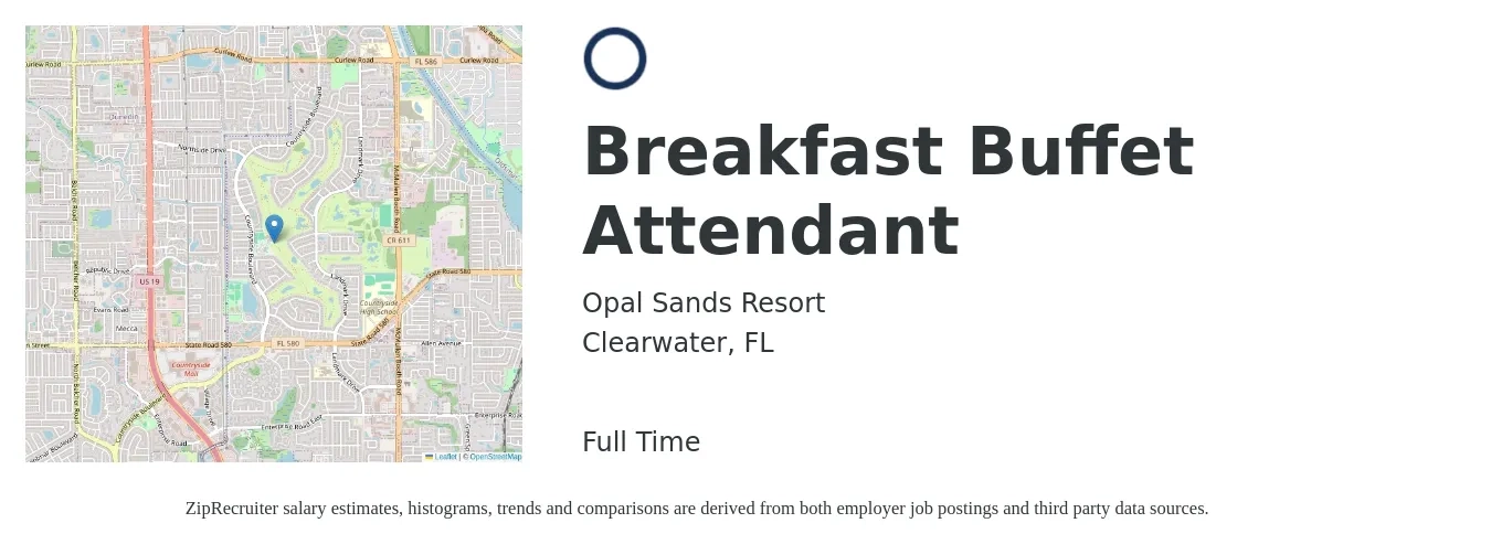 Opal Sands Resort job posting for a Breakfast Buffet Attendant in Clearwater, FL with a salary of $12 to $14 Hourly with a map of Clearwater location.