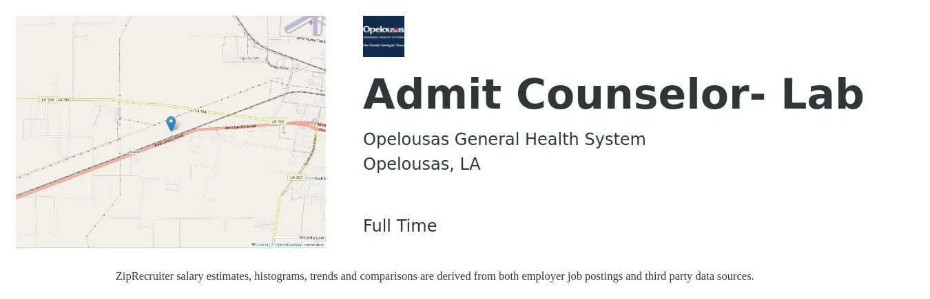 Opelousas General Health System job posting for a Admit Counselor- Lab in Opelousas, LA with a salary of $14 to $20 Hourly with a map of Opelousas location.