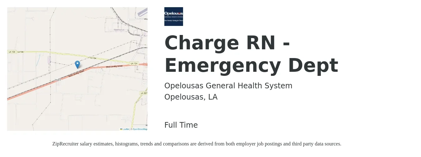 Opelousas General Health System job posting for a Charge RN - Emergency Dept in Opelousas, LA with a salary of $28 to $42 Hourly with a map of Opelousas location.