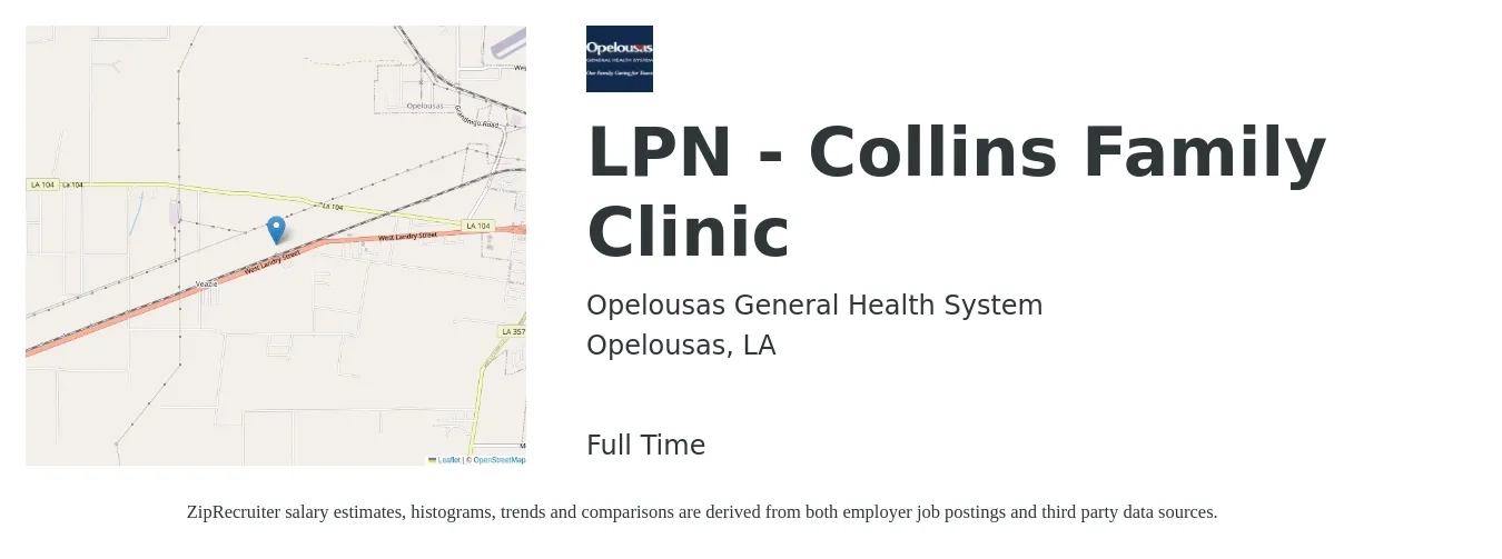 Opelousas General Health System job posting for a LPN - Collins Family Clinic in Opelousas, LA with a salary of $20 to $28 Hourly with a map of Opelousas location.