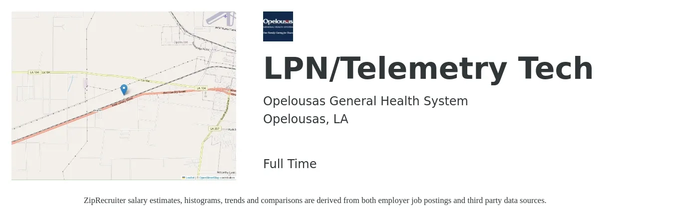 Opelousas General Health System job posting for a LPN/Telemetry Tech in Opelousas, LA with a salary of $20 to $27 Hourly with a map of Opelousas location.