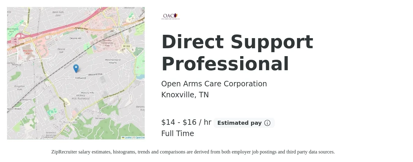 Open Arms Care Corporation job posting for a Direct Support Professional in Knoxville, TN with a salary of $15 to $17 Hourly with a map of Knoxville location.