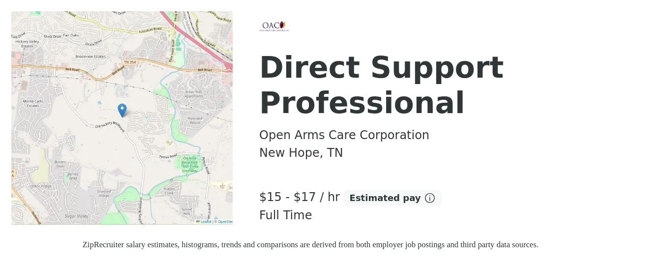 Open Arms Care Corporation job posting for a Direct Support Professional in New Hope, TN with a salary of $16 to $18 Hourly with a map of New Hope location.